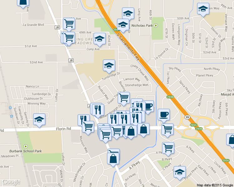 map of restaurants, bars, coffee shops, grocery stores, and more near 6932 Bowling Drive in Sacramento