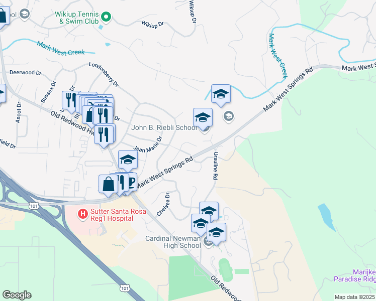 map of restaurants, bars, coffee shops, grocery stores, and more near 205 North Dover Court in Santa Rosa