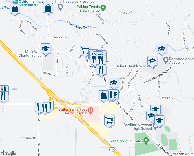 map of restaurants, bars, coffee shops, grocery stores, and more near 4787 Old Redwood Highway in Santa Rosa