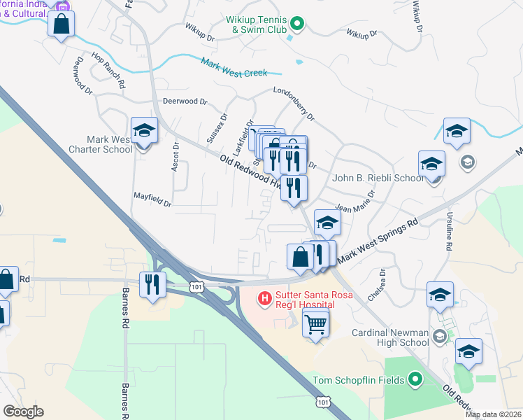 map of restaurants, bars, coffee shops, grocery stores, and more near 39 Lark Center Drive in Santa Rosa