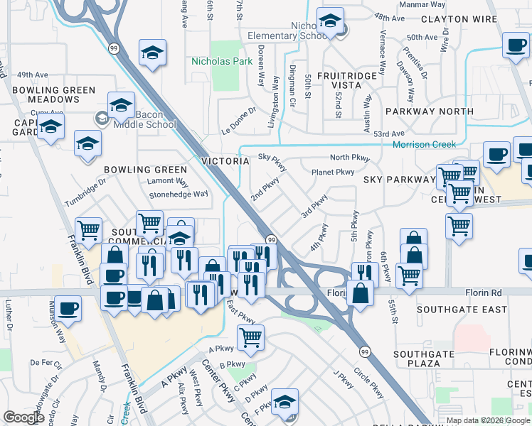 map of restaurants, bars, coffee shops, grocery stores, and more near 7037 Altair Parkway in Sacramento