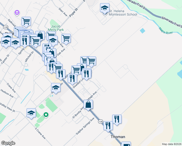 map of restaurants, bars, coffee shops, grocery stores, and more near 880 Dowdell Lane in St. Helena