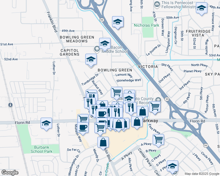 map of restaurants, bars, coffee shops, grocery stores, and more near 6932 Bowling Drive in Sacramento