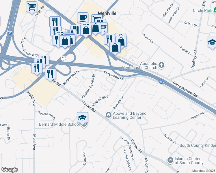 map of restaurants, bars, coffee shops, grocery stores, and more near 1106 Kingbolt Circle Drive in St. Louis