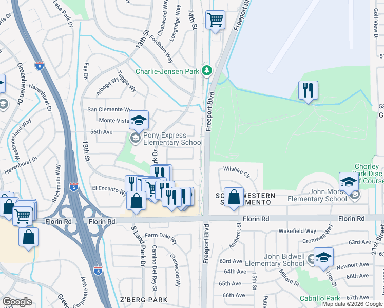 map of restaurants, bars, coffee shops, grocery stores, and more near 1368 Las Lomitas Circle in Sacramento