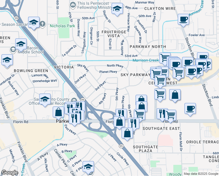 map of restaurants, bars, coffee shops, grocery stores, and more near 5225 Satellite Parkway in Sacramento