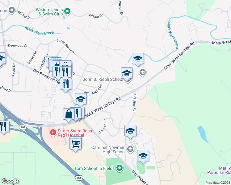 map of restaurants, bars, coffee shops, grocery stores, and more near 205 North Dover Court in Santa Rosa