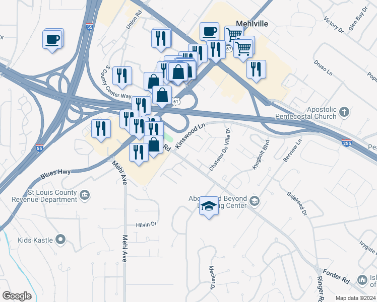 map of restaurants, bars, coffee shops, grocery stores, and more near 1192 Casa Brazilia Court in St. Louis