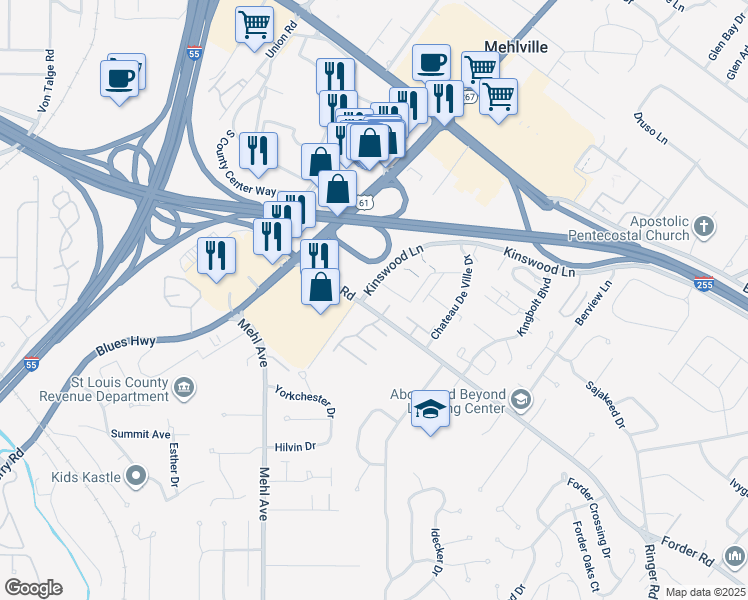 map of restaurants, bars, coffee shops, grocery stores, and more near 1192 Casa Brazilia Court in St. Louis