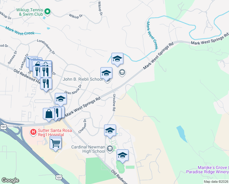 map of restaurants, bars, coffee shops, grocery stores, and more near 280 Ursuline Road in Larkfield-Wikiup