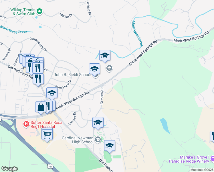 map of restaurants, bars, coffee shops, grocery stores, and more near 280 Ursuline Road in Larkfield-Wikiup