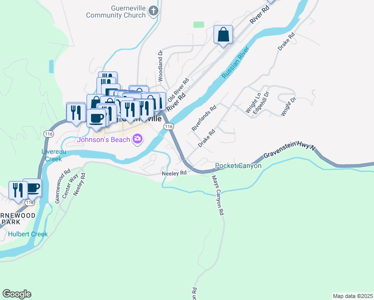 map of restaurants, bars, coffee shops, grocery stores, and more near 13803 California 116 in Guerneville