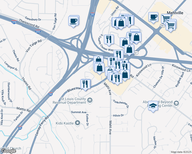 map of restaurants, bars, coffee shops, grocery stores, and more near 3779 Swiss Drive in St. Louis