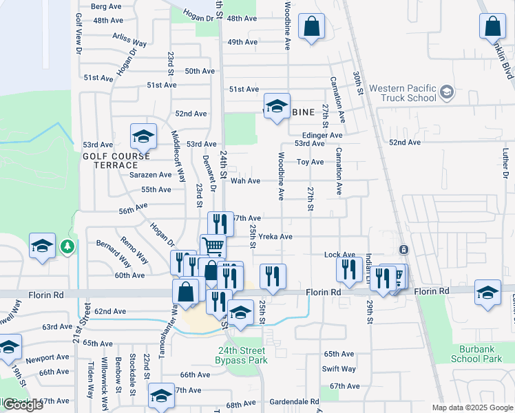 map of restaurants, bars, coffee shops, grocery stores, and more near 2536 Wah Avenue in Sacramento