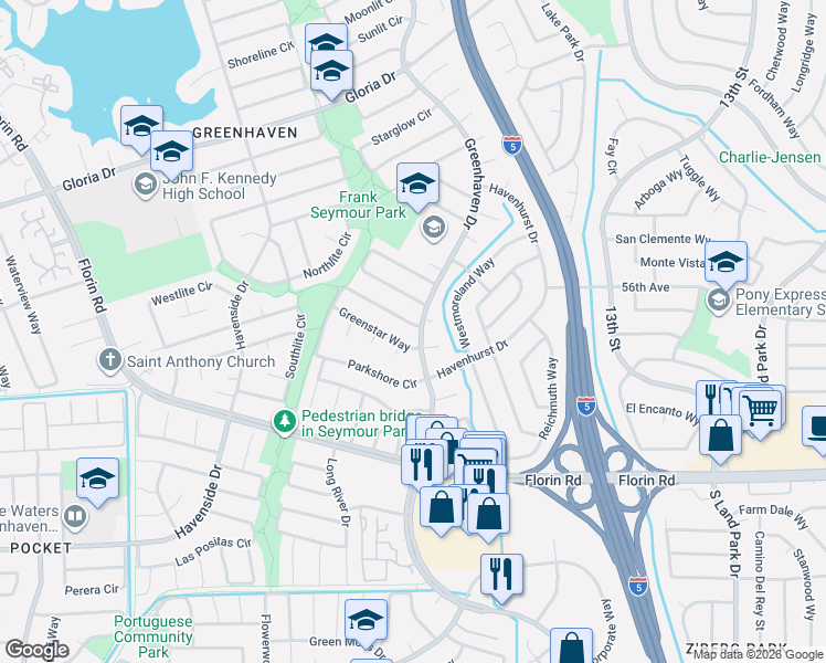 map of restaurants, bars, coffee shops, grocery stores, and more near 3 Parkshore Circle in Sacramento