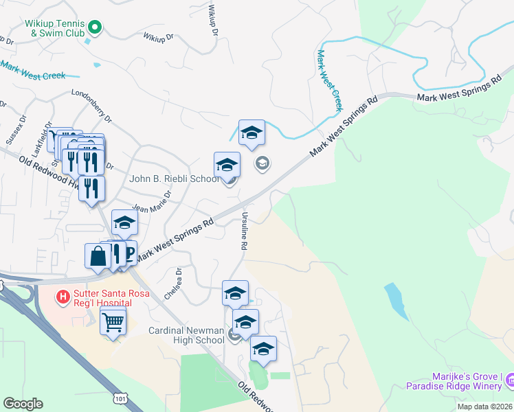 map of restaurants, bars, coffee shops, grocery stores, and more near 280 Ursuline Road in Larkfield-Wikiup