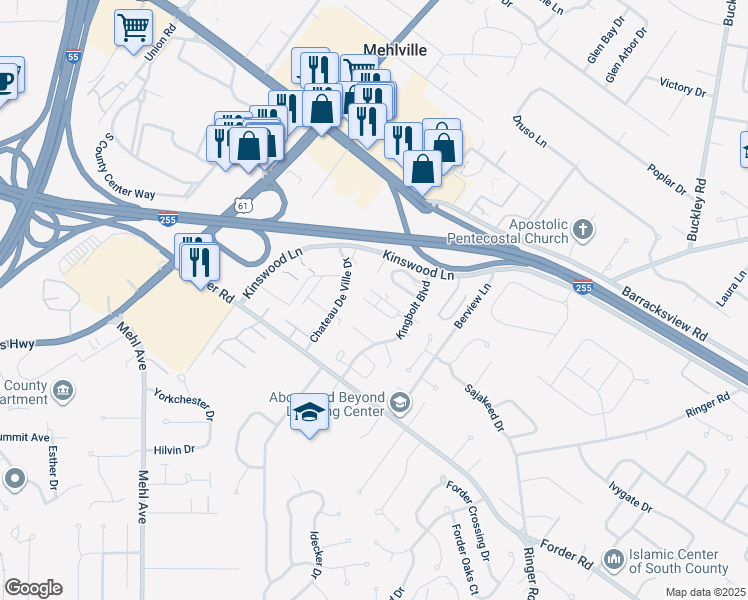 map of restaurants, bars, coffee shops, grocery stores, and more near 4290 Chateau De Ville Drive in St. Louis