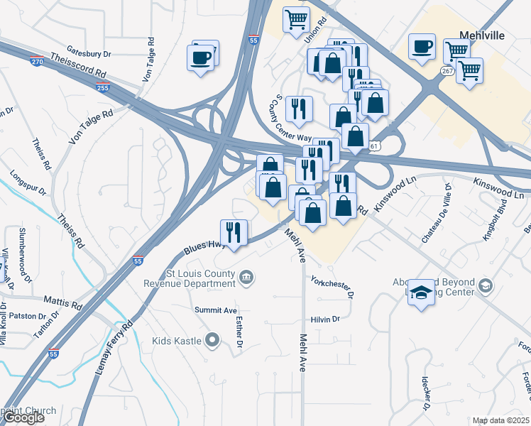 map of restaurants, bars, coffee shops, grocery stores, and more near 3779 Swiss Drive in St. Louis