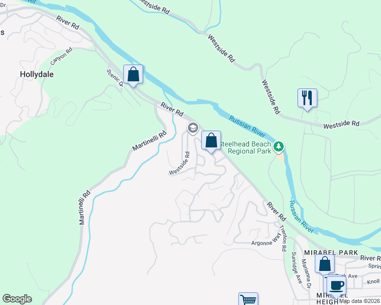 map of restaurants, bars, coffee shops, grocery stores, and more near 9600 Rio Vista Road in Forestville
