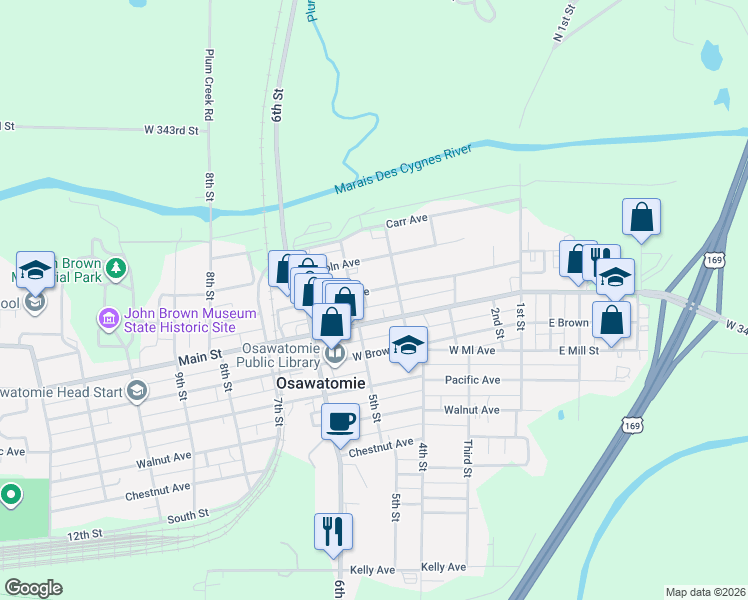 map of restaurants, bars, coffee shops, grocery stores, and more near 426 Parker Avenue in Osawatomie