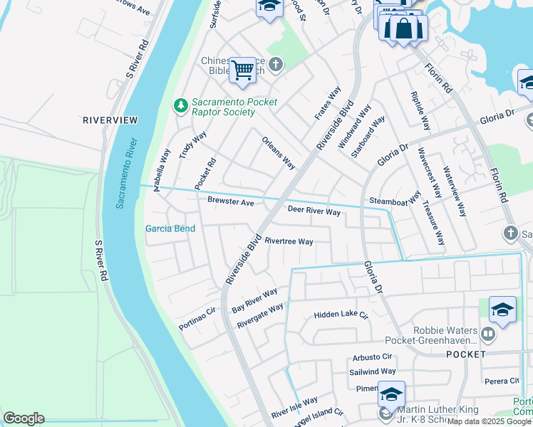 map of restaurants, bars, coffee shops, grocery stores, and more near 6980 Riverside Boulevard in Sacramento