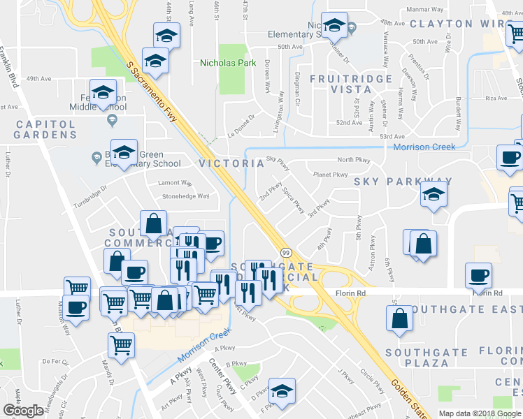 map of restaurants, bars, coffee shops, grocery stores, and more near 2nd Parkway & Altair Parkway in Sacramento
