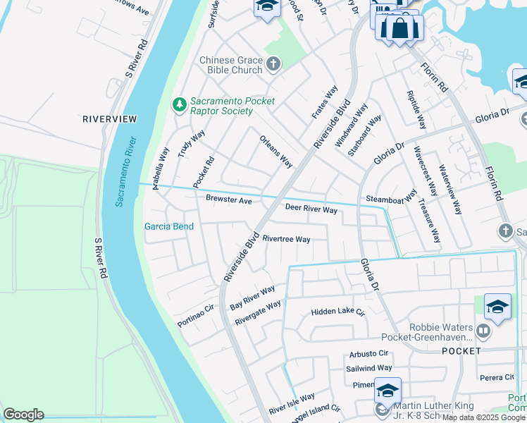 map of restaurants, bars, coffee shops, grocery stores, and more near 6980 Riverside Boulevard in Sacramento
