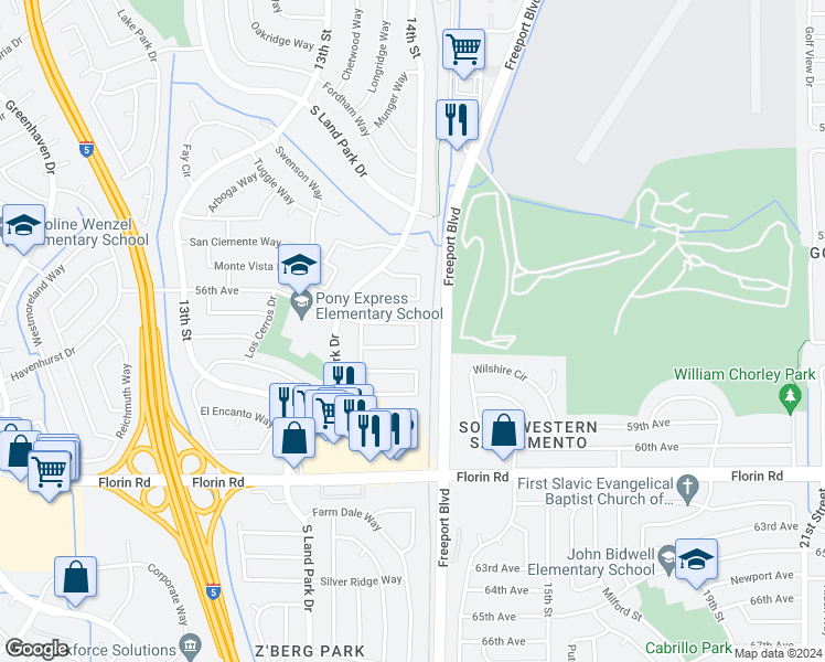 map of restaurants, bars, coffee shops, grocery stores, and more near 1348 Las Lomitas Circle in Sacramento