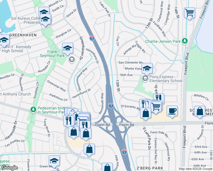 map of restaurants, bars, coffee shops, grocery stores, and more near Florin Road in Sacramento