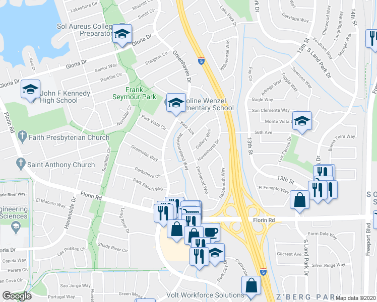 map of restaurants, bars, coffee shops, grocery stores, and more near 6978 Flintwood Way in Sacramento