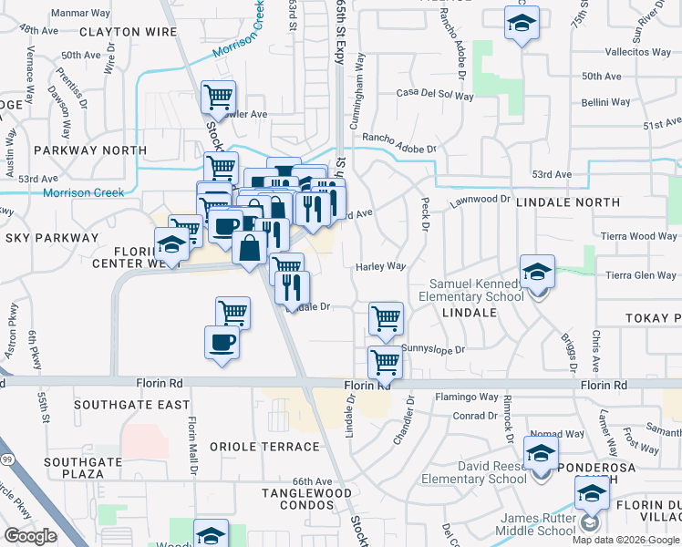 map of restaurants, bars, coffee shops, grocery stores, and more near 6827 Savings Place in Sacramento
