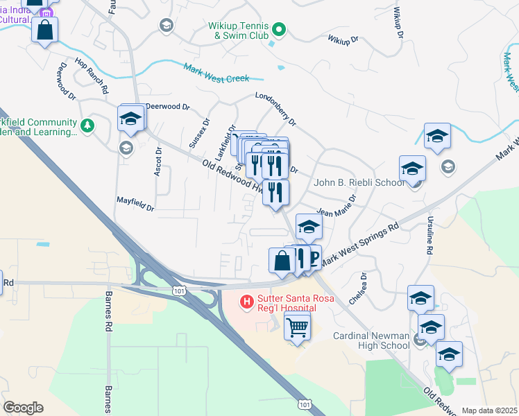 map of restaurants, bars, coffee shops, grocery stores, and more near 4787 Old Redwood Highway in Santa Rosa