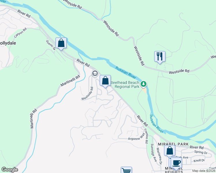 map of restaurants, bars, coffee shops, grocery stores, and more near 9289 Old River Road in Forestville