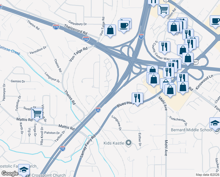 map of restaurants, bars, coffee shops, grocery stores, and more near 4588 Little Rock Road in St. Louis