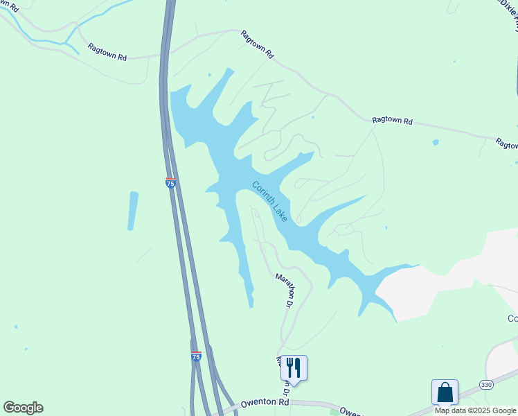 map of restaurants, bars, coffee shops, grocery stores, and more near 825 Marathon Drive in Corinth
