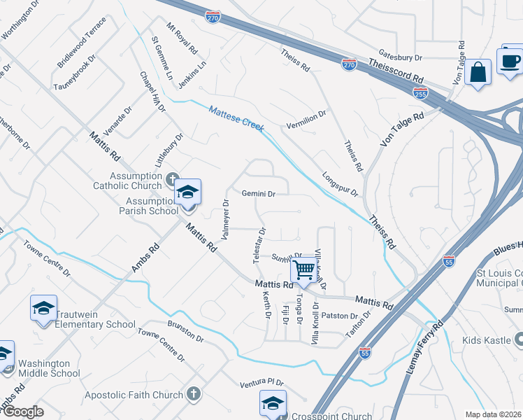 map of restaurants, bars, coffee shops, grocery stores, and more near 4522 Telestar Drive in St. Louis