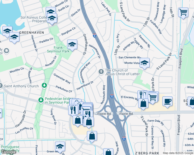 map of restaurants, bars, coffee shops, grocery stores, and more near 6948 Havenhurst Drive in Sacramento