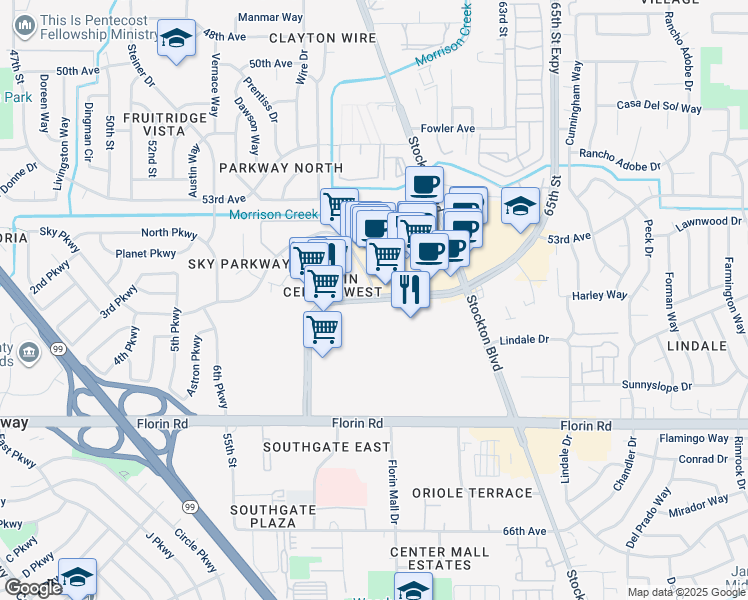 map of restaurants, bars, coffee shops, grocery stores, and more near 65th Street & Sky Parkway in Sacramento