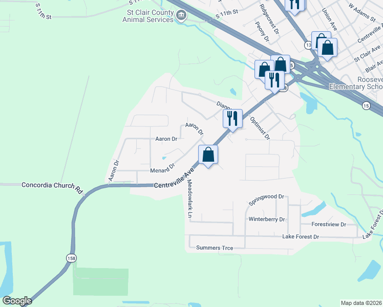 map of restaurants, bars, coffee shops, grocery stores, and more near 1612 Menard Drive in Belleville