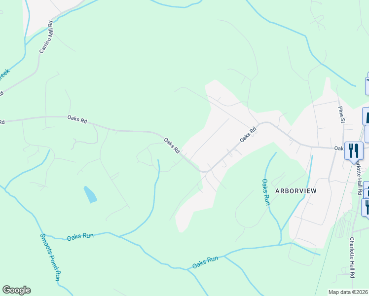 map of restaurants, bars, coffee shops, grocery stores, and more near 14930 Oaks Road in Charlotte Hall