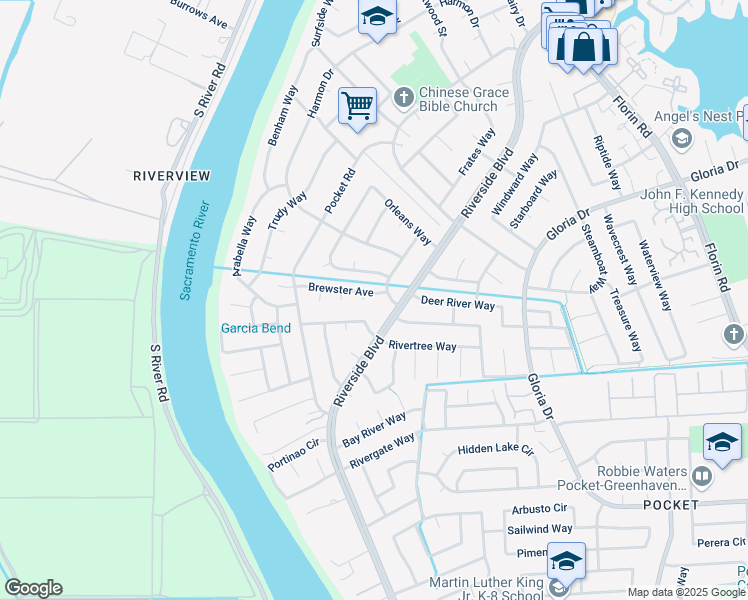 map of restaurants, bars, coffee shops, grocery stores, and more near 300 Brewster Avenue in Sacramento