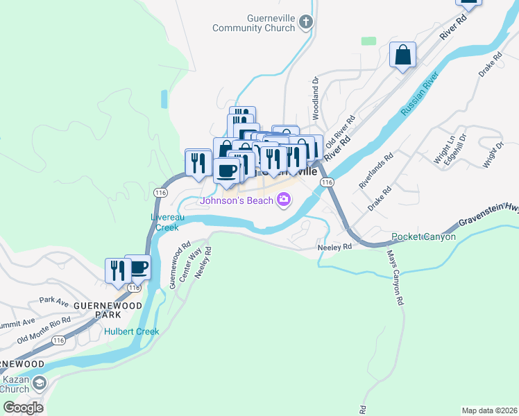 map of restaurants, bars, coffee shops, grocery stores, and more near 16320 Church Street in Guerneville