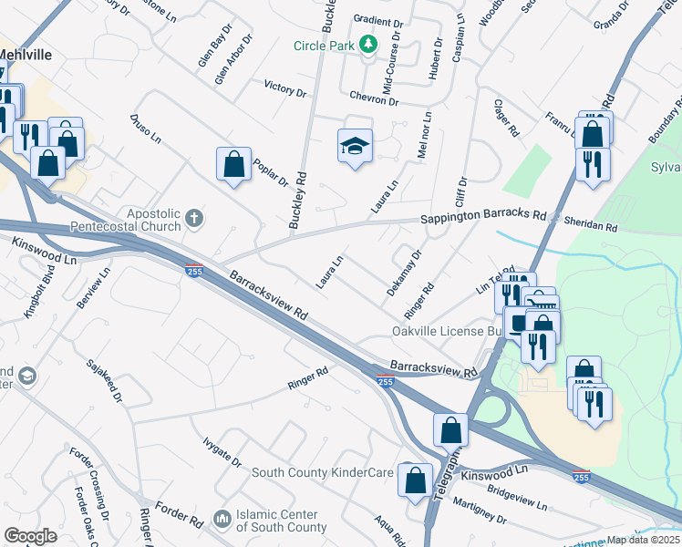 map of restaurants, bars, coffee shops, grocery stores, and more near 680 Damascus Drive in St. Louis
