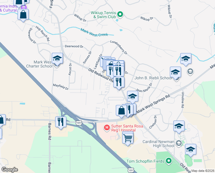 map of restaurants, bars, coffee shops, grocery stores, and more near 39 Lark Center Drive in Santa Rosa