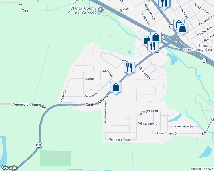 map of restaurants, bars, coffee shops, grocery stores, and more near 1612 Menard Drive in Belleville