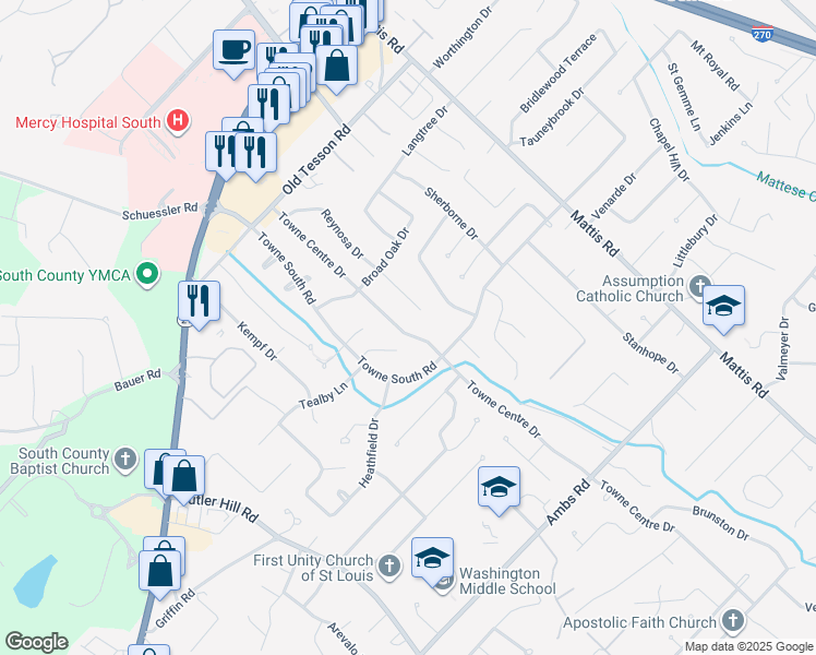 map of restaurants, bars, coffee shops, grocery stores, and more near 5045 Towne Centre Drive in St. Louis