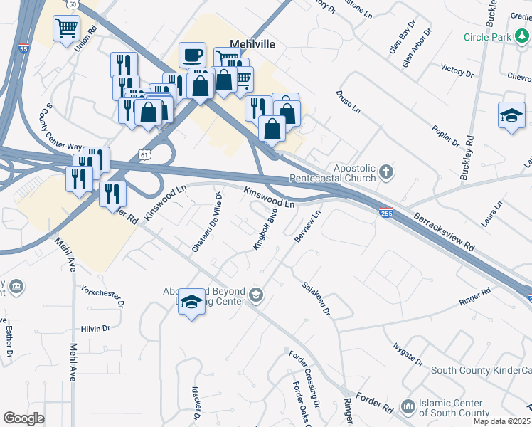 map of restaurants, bars, coffee shops, grocery stores, and more near 1136 Sunbolt Drive in St. Louis