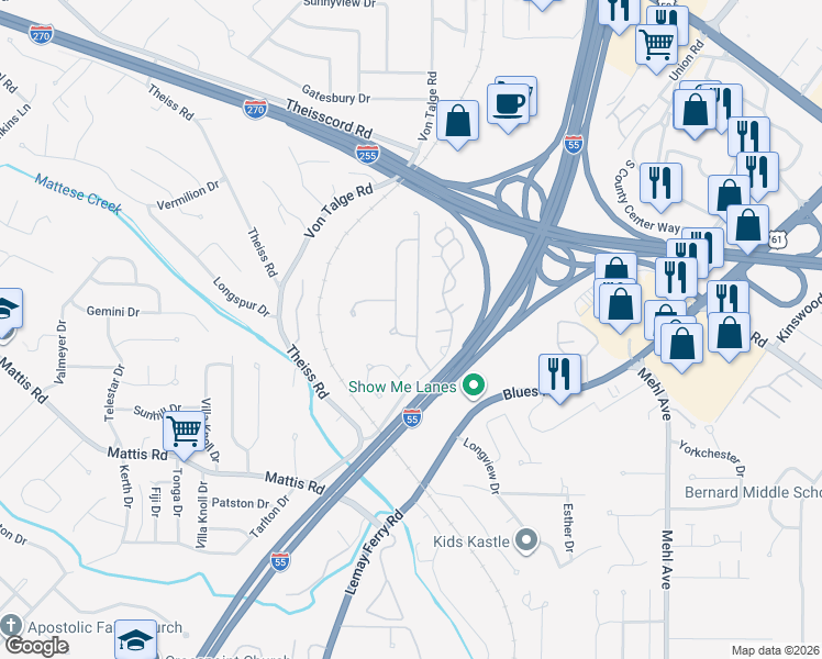 map of restaurants, bars, coffee shops, grocery stores, and more near 4595 Southridge Pines Drive in St. Louis