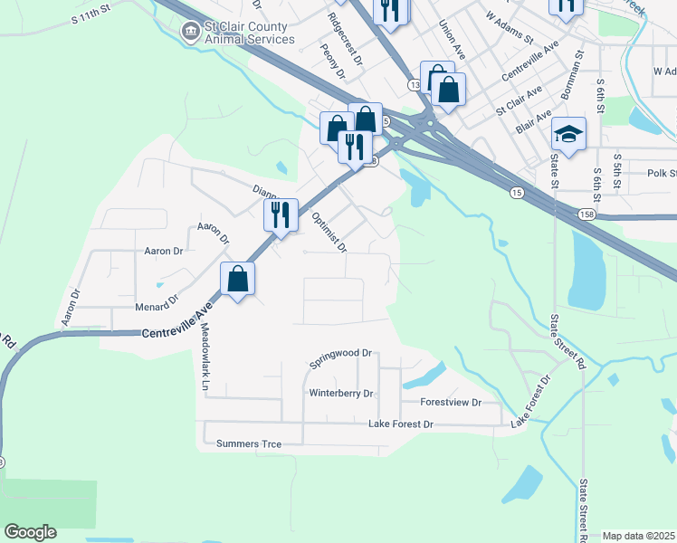 map of restaurants, bars, coffee shops, grocery stores, and more near 17 Arapaho Drive in Belleville