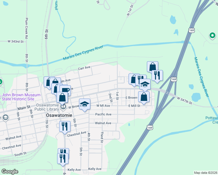 map of restaurants, bars, coffee shops, grocery stores, and more near 102 Main Street in Osawatomie